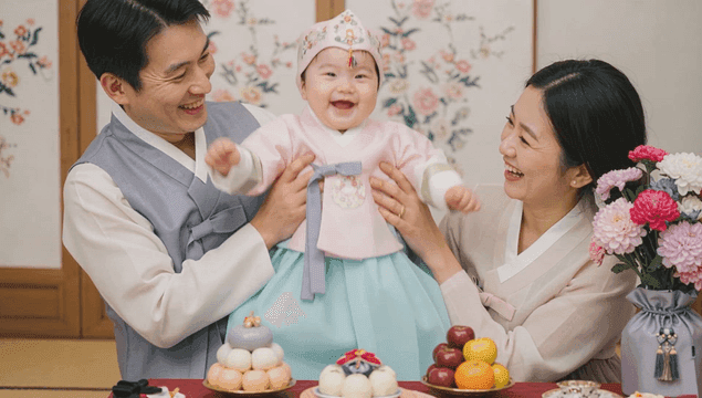 아기의 첫 생일을 축하하는 가족