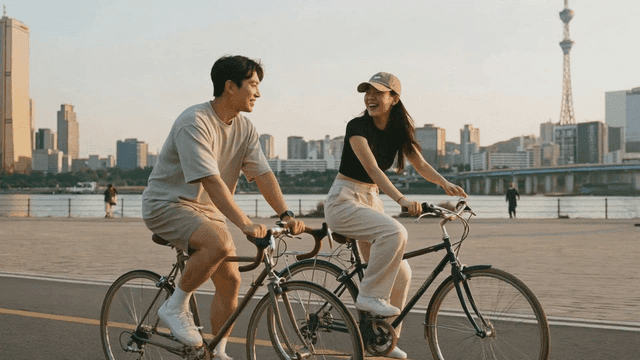Couple cycling along the riverside in the city