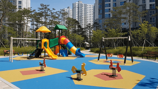 Colorful playground inside apartment complex