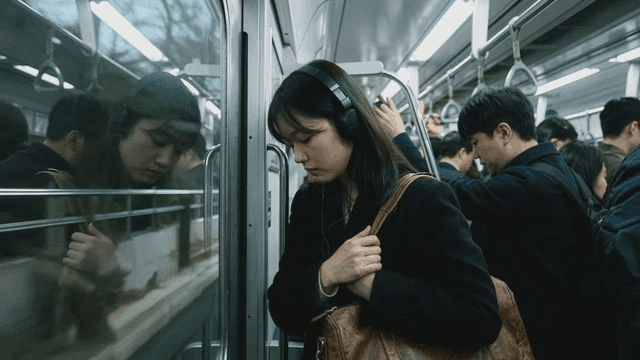 Woman listening to music with headset on subway
