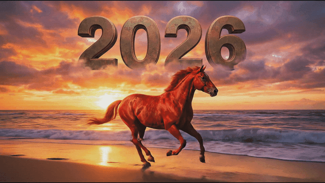 Red horse running along beach at sunrise in 2026