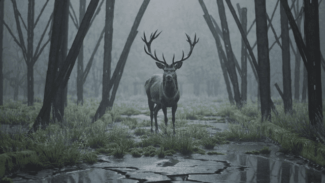 Magnificent deer standing in rainy, foggy forest