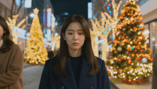 밤 크리스마스 거리의 외로운 여성