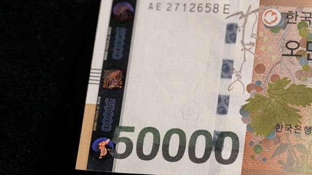 Detailed views of a 50,000 Korean Won banknote under inspection