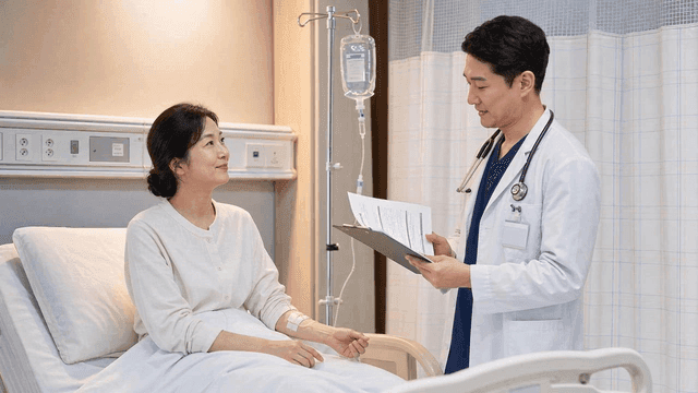 Doctors communicating with patients in hospital room
