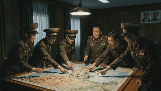 North Korean military officers discussing map
