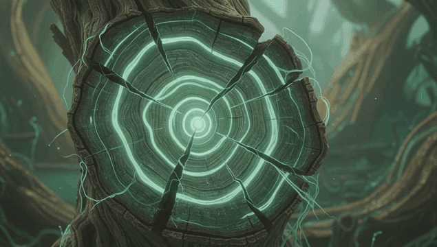 숲 속에서 빛나는 나무 단면