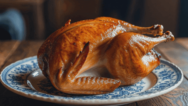 Golden brown roasted whole chicken on plate