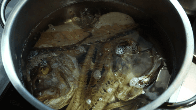 Fish heads boiling in a pot
