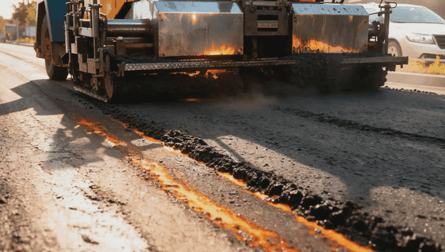 Road construction with asphalt paving