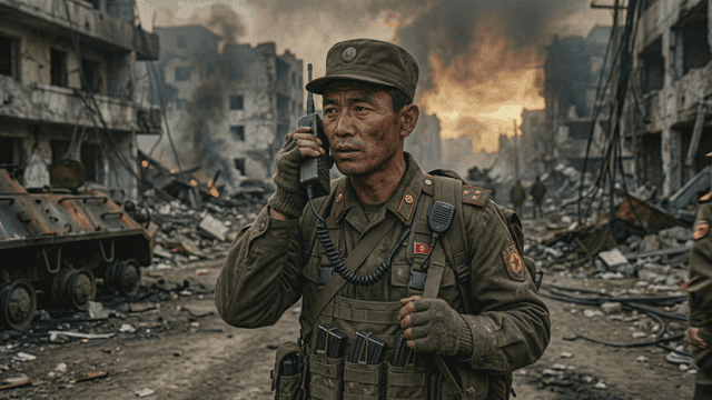 North Korean soldiers communicating amidst war-torn ruins