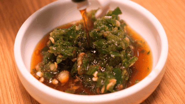 Soy sauce poured over chopped Cheongyang peppers