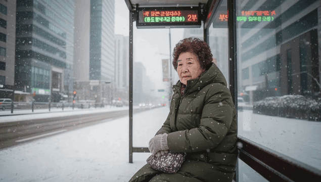 눈 내리는 버스 정류장에서 기다리는 노인