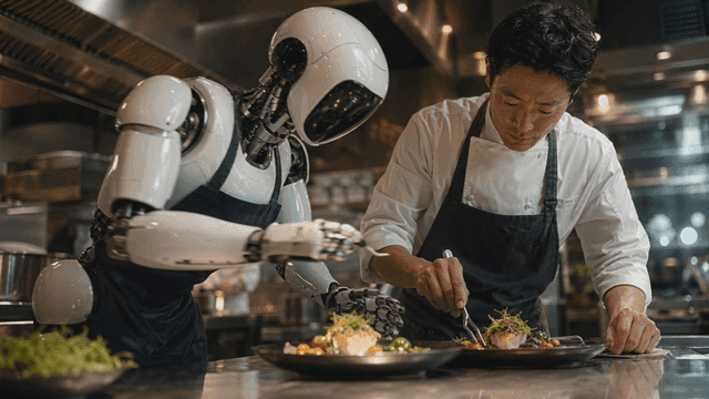 Chef and robot preparing gourmet dishes