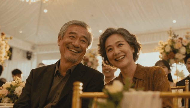 Elderly couple smiling as wedding guests