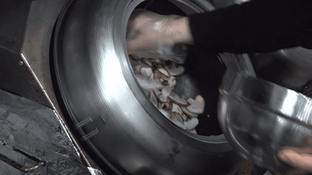 큰 기계에 버섯을 넣는 장면