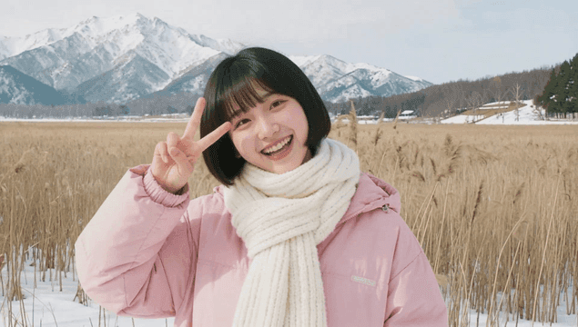 Woman with short hair smiling and making V sign in snow-covered field