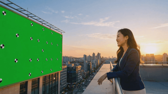 Woman on rooftop in front of green screen at sunset
