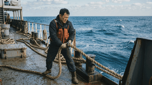 Fisherman pulling rope on a boat at sea
