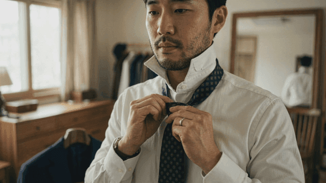 Office worker tying tie in bedroom