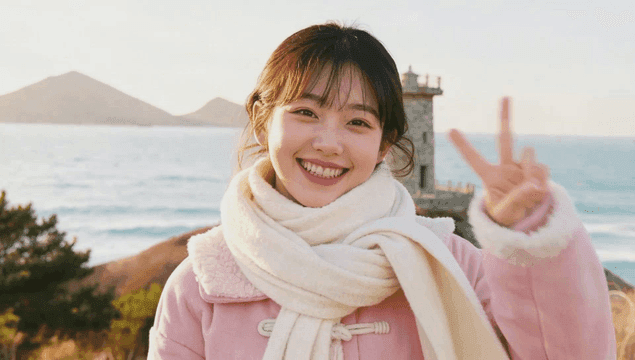 바닷가에서 미소 짓는 젊은 여성