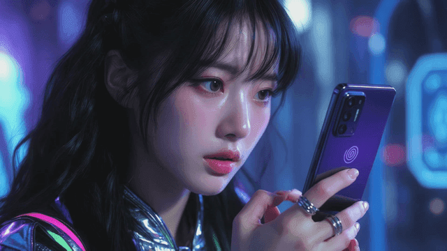 Woman using smartphone in futuristic background