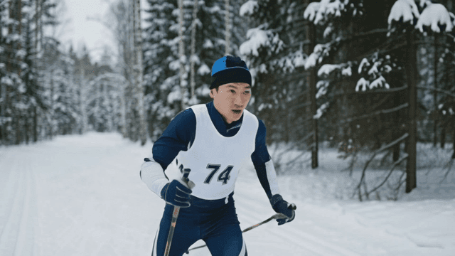 Cross-country skier in a snowy forest