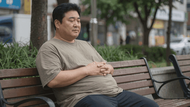 Fat man sitting on park bench