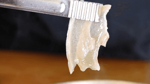 Thin head meat lifted from stew with tongs