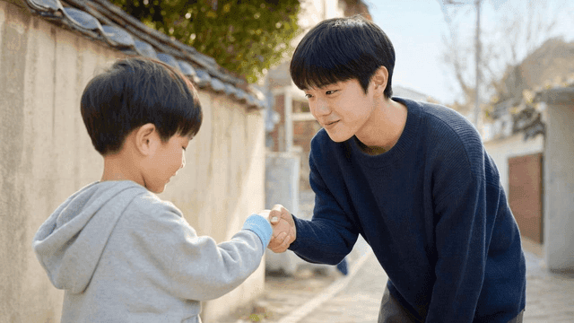 Teenagers and children shaking hands in neighborhood alley
