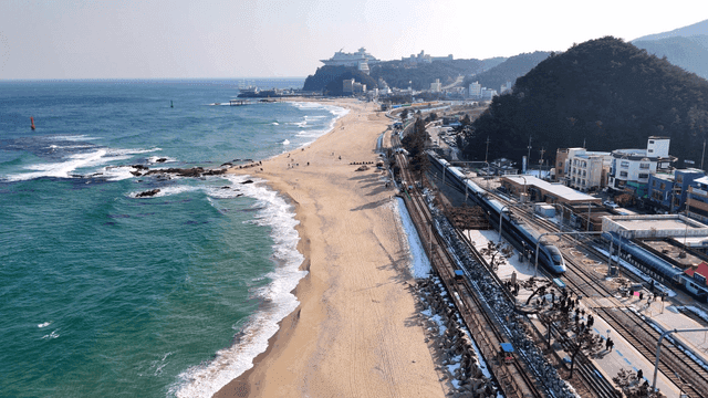 Coastal area with beach and train tracks