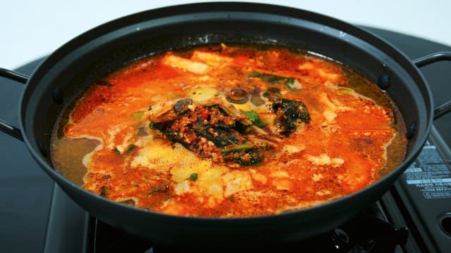 Spicy traditional Korean stew in a pot