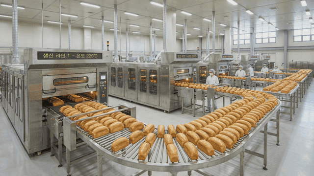 Bread factory where bread is baked in hot oven