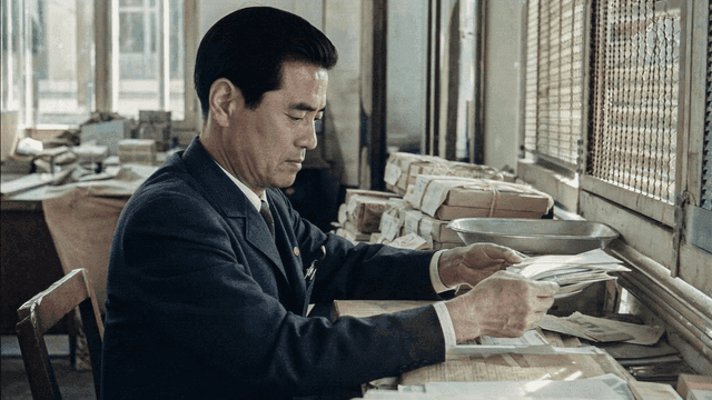 Man working at desk in post office in 70s
