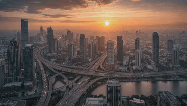 Cityscape with busy roads at dusk