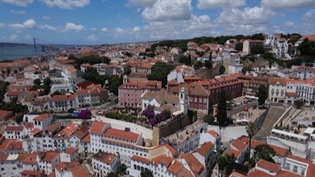 Quaint Town with Red Rooftops Under a Blue Sky