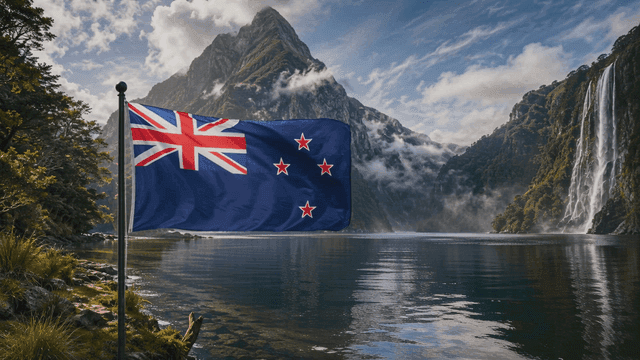 New Zealand flag in beautiful scenery of mountains and waterfalls