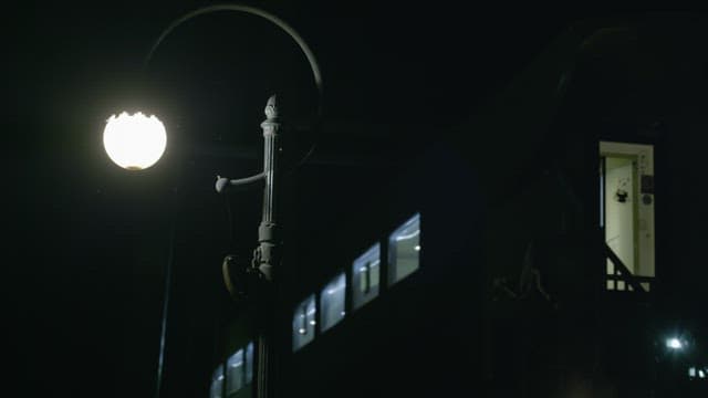 Illuminated street lamp next to a building