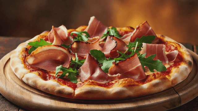 Delicious pizza topped with ham and arugula