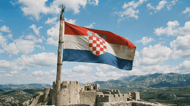 Croatian flag fluttering atop ancient fortress