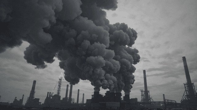 Factory emitting thick smoke into the sky