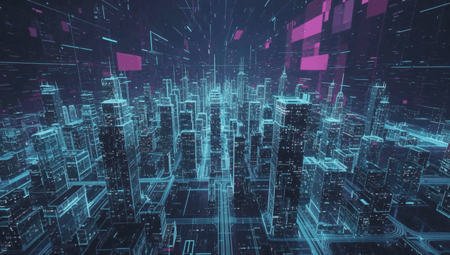 Futuristic digital cityscape with neon lights