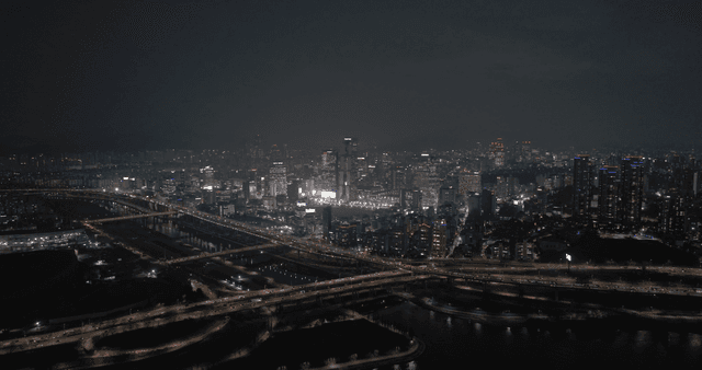 A bustling city skyline at night