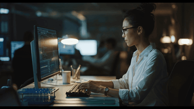 Female office worker working late at desk with samples