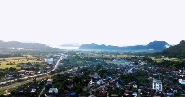 Aerial View of a Town Amidst Lush Greenery