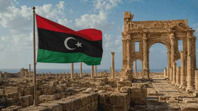 Ancient ruins where Libyan flag flies