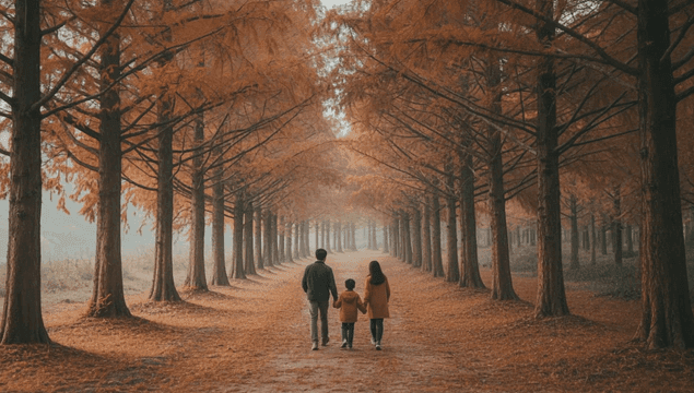 Family walking through an autumn forest