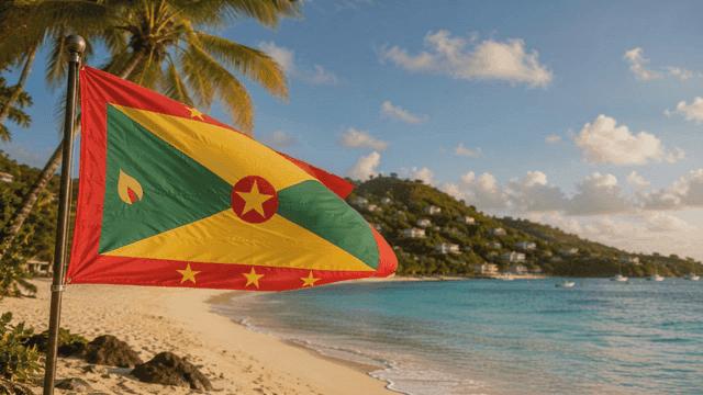 Grenada flag fluttering on tropical beach