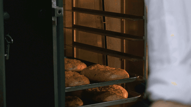 Freshly baked bread being taken out of the oven