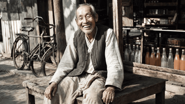 Old man smiling outside shop in 70s